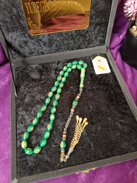 Yeşil Altın Parçacıklı Tesbih Golden Rosary Sertifikalı Hediye Kutulu ürün görseli 1