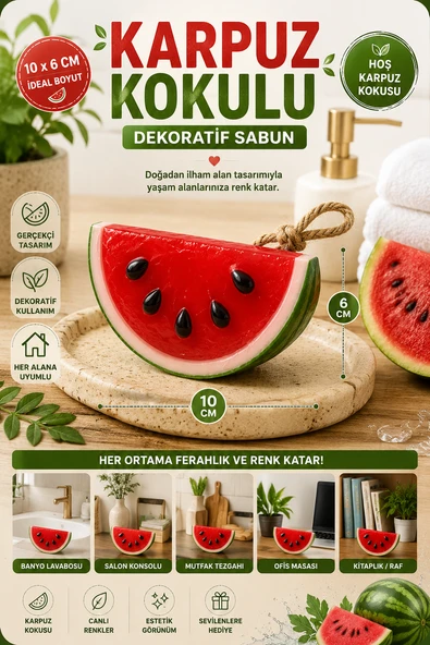 Karpuz Dekoratif Kokulu Sabun Banyo Salon Ofis Dekoru Ortam Kokusu Dekoratif Obje 10x6 cm Yaz Teması ürün görseli 1