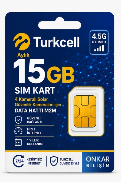 Turkcell Her Ay 15 gb Sim Kart 1 Yıllık Tek Ödeme Data m2m Hattı 4 Kameralı Güvenlik Kameralarına Uygun ürün görseli 1