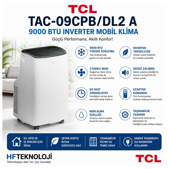 TCL Portatif Taşınabilir TAC-09CPB/DL2 A 9000 BTU Inverter Mobil Klima ürün görseli 1