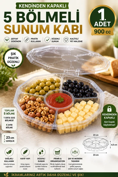 1 Adet Sekizgen 5 Bölmeli Kendinden Kapaklı PET Gıda Kabı 900 cc Şeffaf Sızdırmaz Sunum Kabı 23 cm Set ürün görseli 1