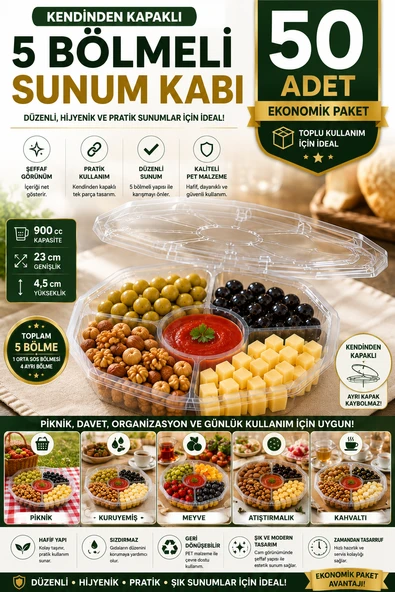 50'li Set Sekizgen 5 Bölmeli Kendinden Kapaklı PET Gıda Kabı 900 cc Sızdırmaz Sunum Kabı 23 cm ürün görseli 1