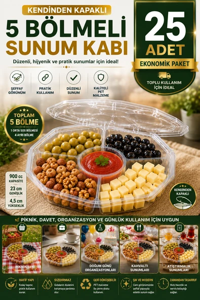 25'li Set Sekizgen 5 Bölmeli Kendinden Kapaklı PET Gıda Kabı 900 cc Sızdırmaz Sunum Kabı 23 cm ürün görseli 1