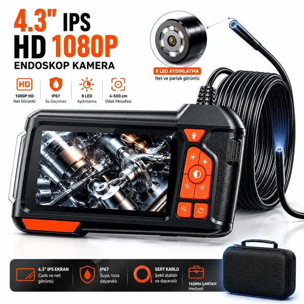 UltraTekno Endoskop Kamera 1080P HD Boru İçi Görüntüleme Kamerası 4.3" IPS Ekranlı IP67 Su Geçirmez Yılan Kamera + Taşıma Çantası ürün görseli 1