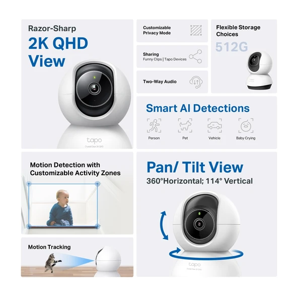 TP-LINK Tapo TC72 (C220) 2K QHD 40Mpix İç Mekan WiFi 9Mt. Gece Görüşü 360 Dönüş İki Yönlü Ses Güvenlik Yapay Zeka Destekli Kamera(1923) ürün görseli 1