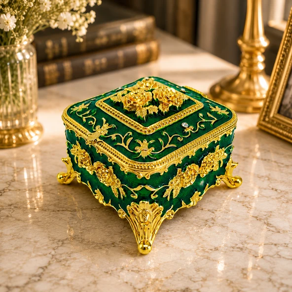Kare Mücevher Takı Kutusu Yeşil Gold Dekoratif Takı Saklama Kutusu Metal Ayaklı 6x8x8 cm ürün görseli 1