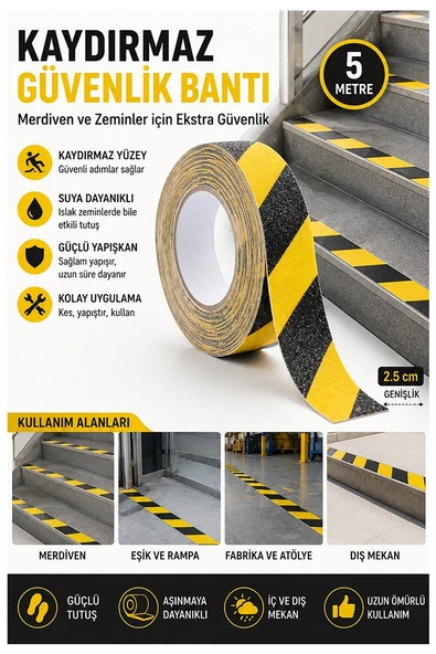 Merdiven Kaydırmaz Bant Sarı Siyah 25mm 1 Adet Mas Güvenlik Uyarı Bandı 5 Metre 2.5 cm Yapışkanlı Basamak Mermer Beton ürün görseli 1