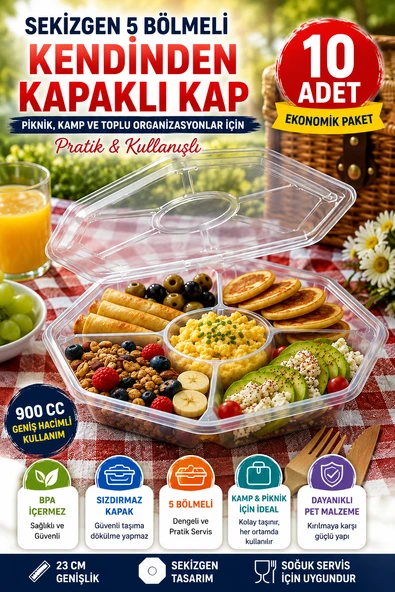 10'lu Sekizgen 5 Bölmeli Kendinden Kapaklı PET Gıda Kabı 900 cc Şeffaf Sızdırmaz Sunum Kabı 23 cm Set ürün görseli 1