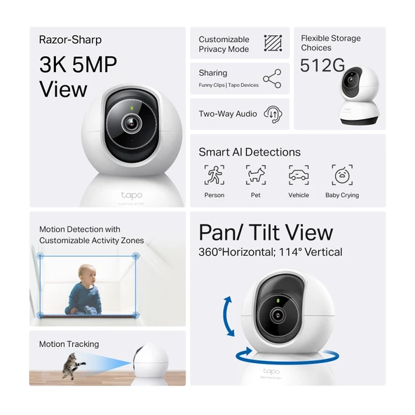 TP-LINK Tapo TC74 (C230) 3K 50Mpix İç Mekan WiFi 12Mt. Gece Görüşü 360 Dönüş İki Yönlü Ses Güvenlik Yapay Zeka Destekli Kamera(1923) ürün görseli 1