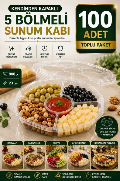 100'lü Set Sekizgen 5 Bölmeli Kendinden Kapaklı PET Gıda Kabı 900 cc Sızdırmaz Sunum Kabı 23 cm ürün görseli 1