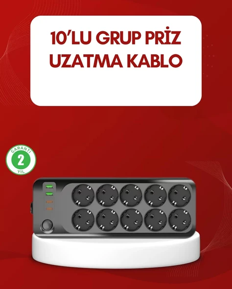 Nevamel® USB Type-C Destekli 10’lu Grup Priz Termal Korumalı 2m Kablo 2500W ürün görseli 1