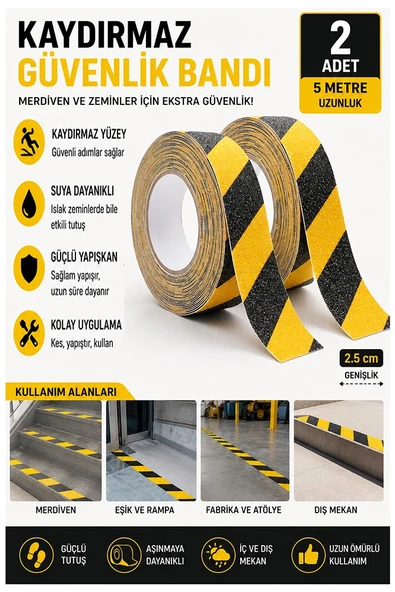 Merdiven Kaydırmaz Bant Sarı Siyah 25mm 2 Adet Mas Güvenlik Uyarı Bandı 5 Metre 2.5 cm Yapışkanlı Basamak Mermer Beton ürün görseli 1