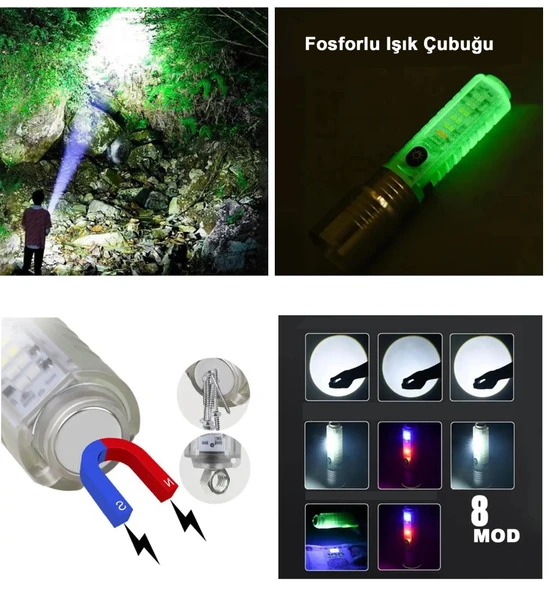 El Feneri 8 Mod Şarjlı Fosforlu Mıknatıslı Led El Feneri ürün görseli 1