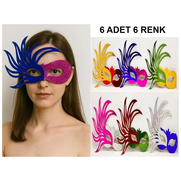6’lı Çift Renkli Venedik Karton Parti Maskesi Seti - Resim 3