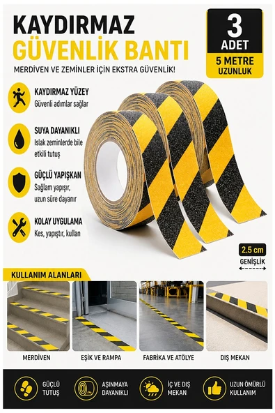 Merdiven Kaydırmaz Bant Sarı Siyah 25mm 3 Adet Mas Güvenlik Uyarı Bandı 5 Metre 2.5 cm Yapışkanlı Basamak Mermer Beton ürün görseli 1