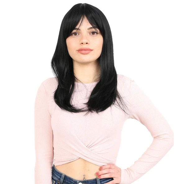 Düz Perçemli Orta Boy Fiber Sentetik Peruk / Siyah ürün görseli 1