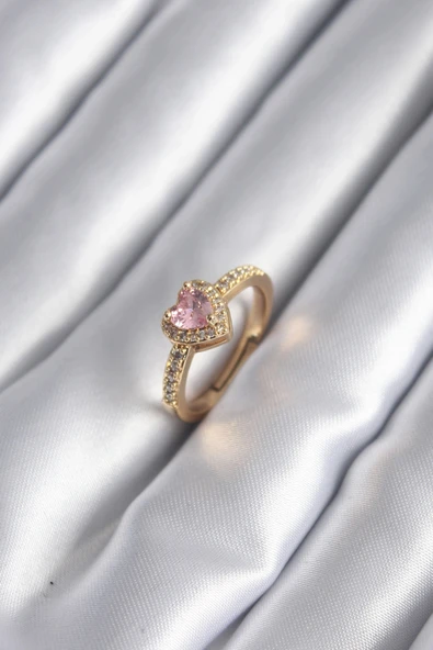 Nevamel® Pirinç Gold Renk Pembe Zirkon Taş Kalp Charm Model Kadın Yüzük 5886 ürün görseli 1
