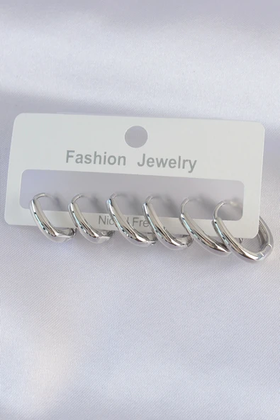 Nevamel® Pirinç Gümüş Renk Oval Küpe Seti 5886 ürün görseli 1
