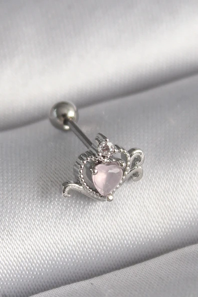 Nevamel® 316L Çelik Gümüş Renk Pembe Mineli Kalp Zirkon Taş Detay Tragus Piercing 5886 ürün görseli 1