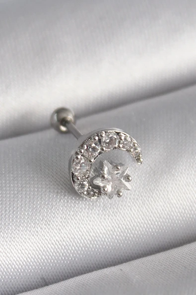 Nevamel® 316L Çelik Gümüş Renk Zirkon Taşlı Ay Yıldız Tragus Piercing 5886 ürün görseli 1