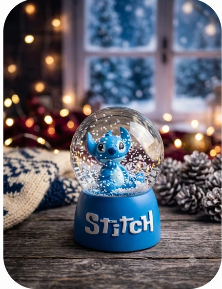 Stitch Işıklı Kar Küresi - 9 cm x 6 cm - Mavi Hediyelik-Dekoratif  Kar Küresi ürün görseli 1