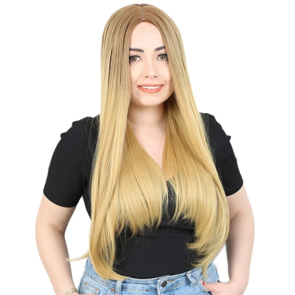 Fiber Sentetik Uzun Düz Peruk / Kumral / Sarı Ombreli ürün görseli 1