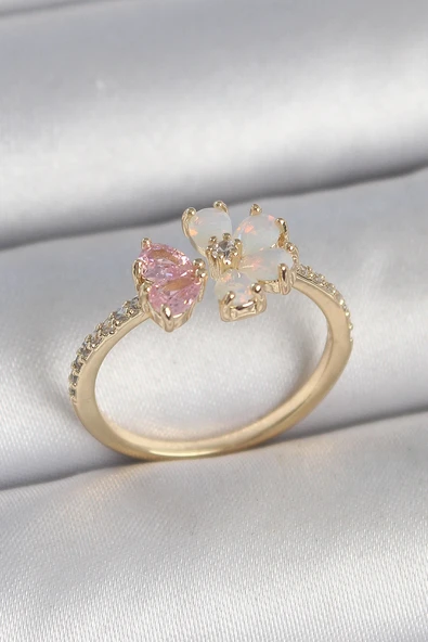 Nevamel® Pirinç Gold Renk Beyaz Mineli Pembe Zirkon Taşlı Çiçek Model Kadın Yüzük 5886 ürün görseli 1