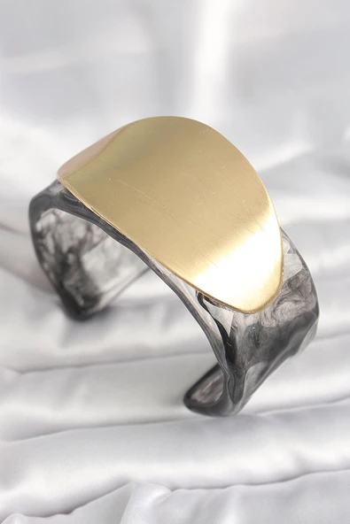 Nevamel® Siyah Mermer Desen Akrilik Plastik Gold Oval Plaka Model Vintage Kadın Bilezik 5886 ürün görseli 1