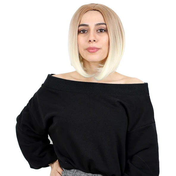 Kahkülsüz Düz Kısa Fiber Sentetik Peruk / Balköpüğü / Platin Ombreli ürün görseli 1