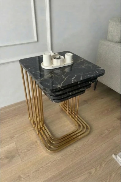 4'LÜ TEKERLEKLİ SEHPA ( GOLD CARRARA ) - Resim 2