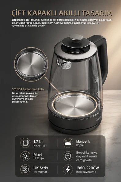 Premier PRK 1318A Borosilikat Renkli Cam Gövdeli, Manyetik Filtre Kapaklı Kettle - LED Işıklı ürün görseli 1