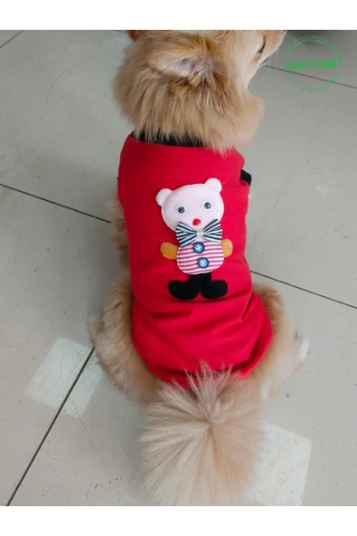 Goboticaret Pembe Ayıcık Aksesuarlı Kırmızı Kedi Köpek Kıyafeti Elbisesi Gri Kollu ürün görseli 1