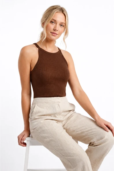 Kahverengi Halter Yaka Fitilli Seamless Body ürün görseli 1