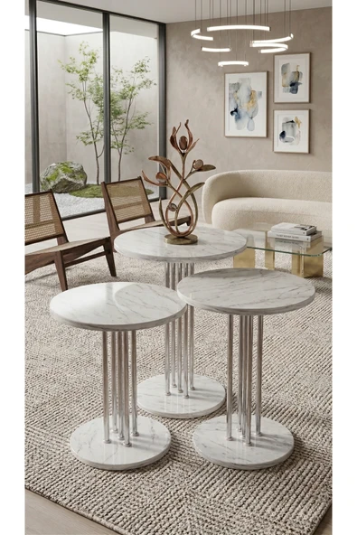 3'LÜ YUVARLAK MODERN SEHPA ( ALTAY ) KROM - CARRARA MERMER DESEN ürün görseli 1