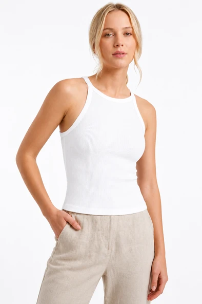 Beyaz Halter Yaka Fitilli Seamless Body - Resim 2