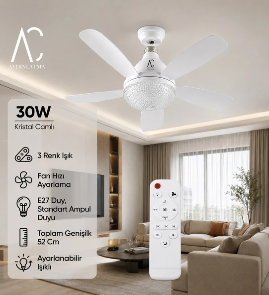 30W Kristal Camlı Tavan Vantilatörü | E27 Duy | Kumandalı | 3 Renk Ayarlanabilir LED | 52 cm Beyaz ürün görseli 1