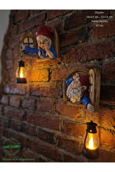 Gobo Fenerli Dekoratif Cüce Figürlü Dede ve Nine 2li Set Duvar ve Kapı Lambası–LED Işıklı (Renk Seçeneği) ürün görseli 1