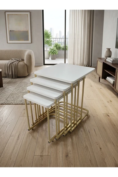 4 LÜ TEKERLEKLİ SEHPA ( ESKİTME GOLD - BEYAZ ) ürün görseli 1
