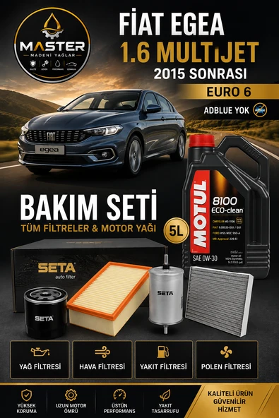 Fiat Egea 1.6 Multijet 2015 Ve Sonrası Adblue Yok  Motul 8100 Eco Clean 0w30 Seta Filtre Bakım Seti Md0002 ürün görseli 1