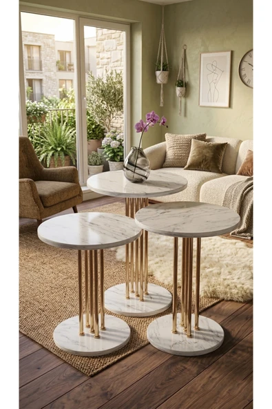 3'LÜ YUVARLAK MODERN SEHPA ( ALTAY ) GOLD - CARRARA MERMER DESEN ürün görseli 1