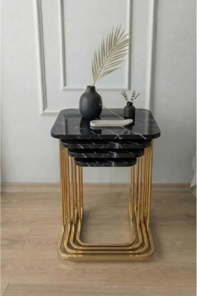4'LÜ TEKERLEKLİ SEHPA ( GOLD CARRARA ) - Resim 3