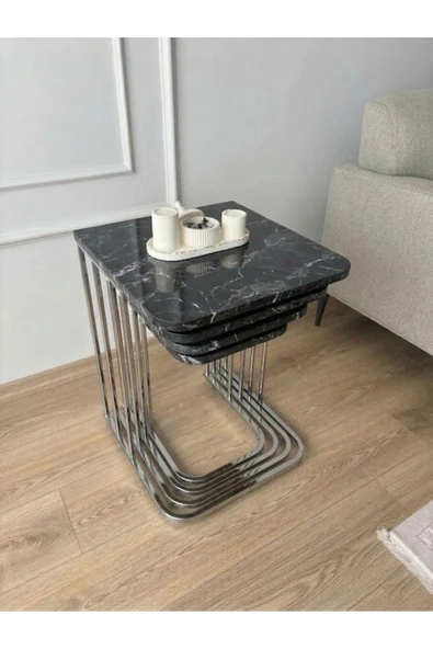 4'LÜ TEKERLEKLİ SEHPA ( KROM CARRARA ) - Resim 2