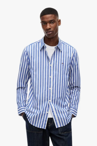 TJM REG POPLIN PATTERN SHIRT Erkek Mavi Gömlek - DM0DM23414 ürün görseli 1