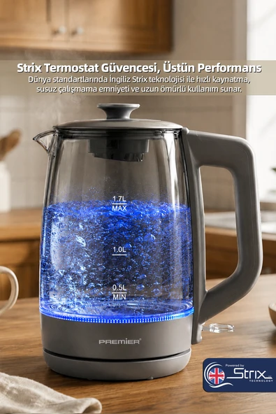 Premier PRK 1318A Borosilikat Renkli Cam Gövdeli, Manyetik Filtre Kapaklı Kettle - LED Işıklı ürün görseli 1