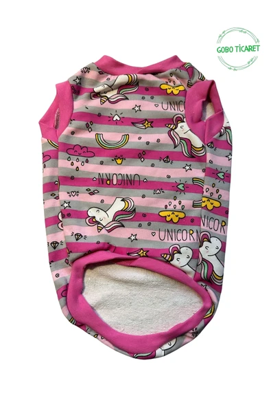 Goboticaret Unicorn Desenli Çizgili Pembe Kedi Köpek Kıyafeti Elbisesi Pembe Kollu ürün görseli 1