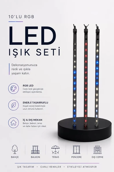 Nevamel® RGB LED Dış Ve İç Mekan Süsleme Işığı 10 Çubuklu Şerit ürün görseli 1