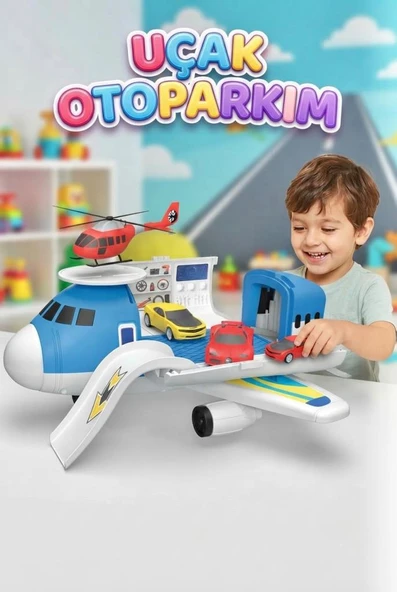 Uçak Otoparkım - 2'si 1 Arada Dönüşen Uçak Oyun Seti ve Araç Bakım İstasyonu 32 cm (2 Spor Araba + 1 Helikopter) ürün görseli 1