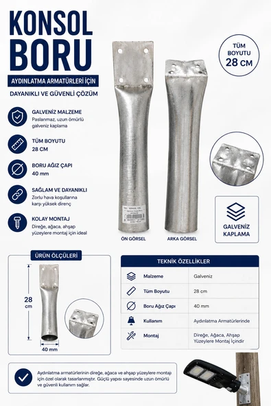 Galveniz 42mm (İNCE) Konsol Boru Sokak Lambası Ayağı Ezik ve Delikli ürün görseli 1