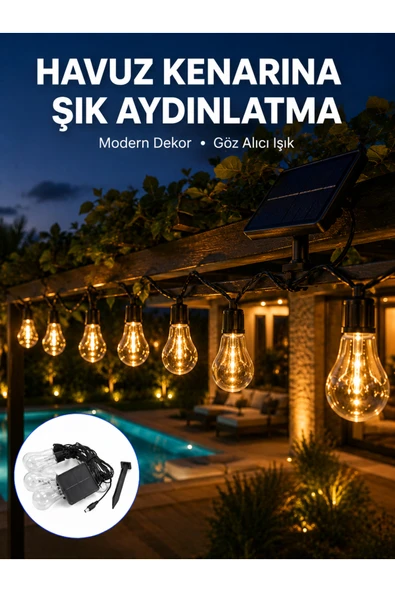 Güneş Enerjili Dış Mekan LED Ampul Işık Zinciri Bahçe ve Teras Dekorasyonu ürün görseli 1