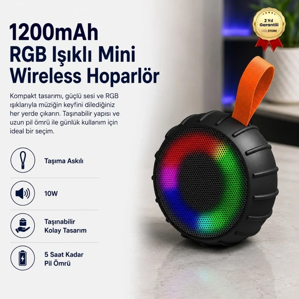 1200 mAh RGB Işıklı 10W Mini Wireless Bluetooth Hoparlör Taşıma Askılı Taşınabilir Speaker ürün görseli 1